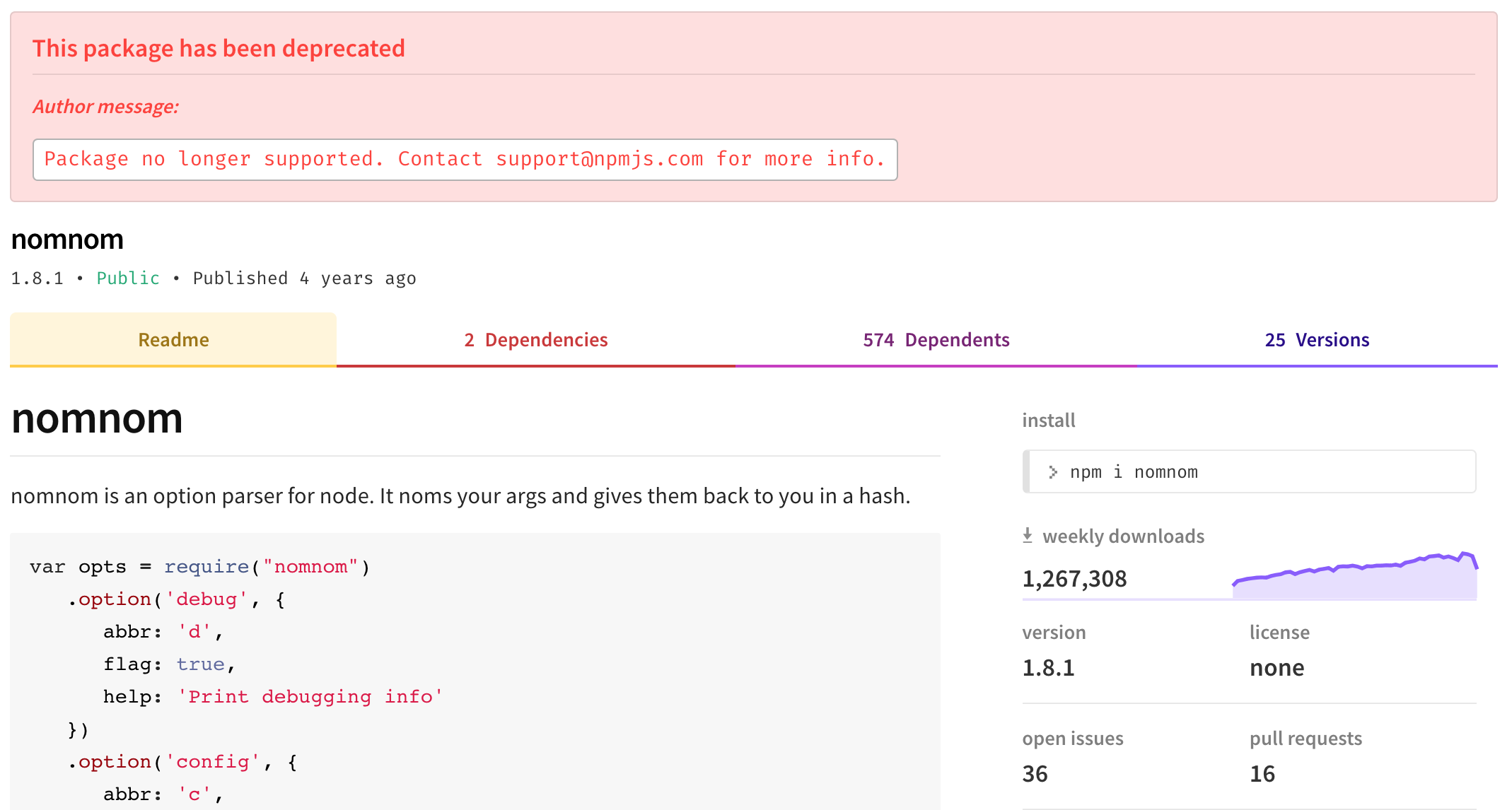 Screenshot of a deprecated package showing that it is no longer supported
